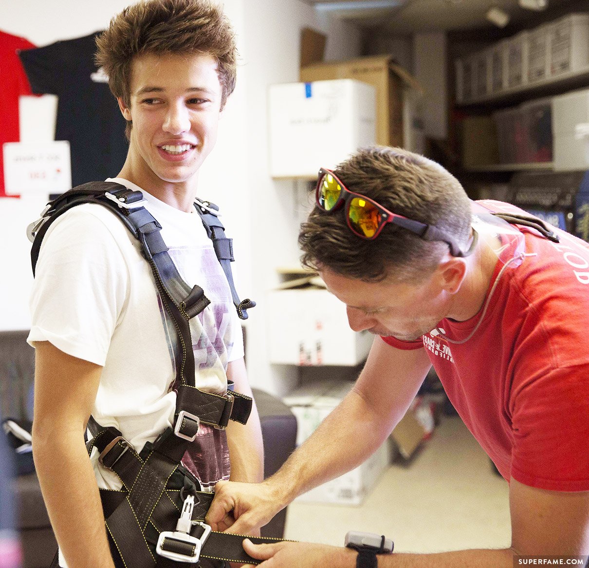 Cameron Dallas' skydiving preparation.