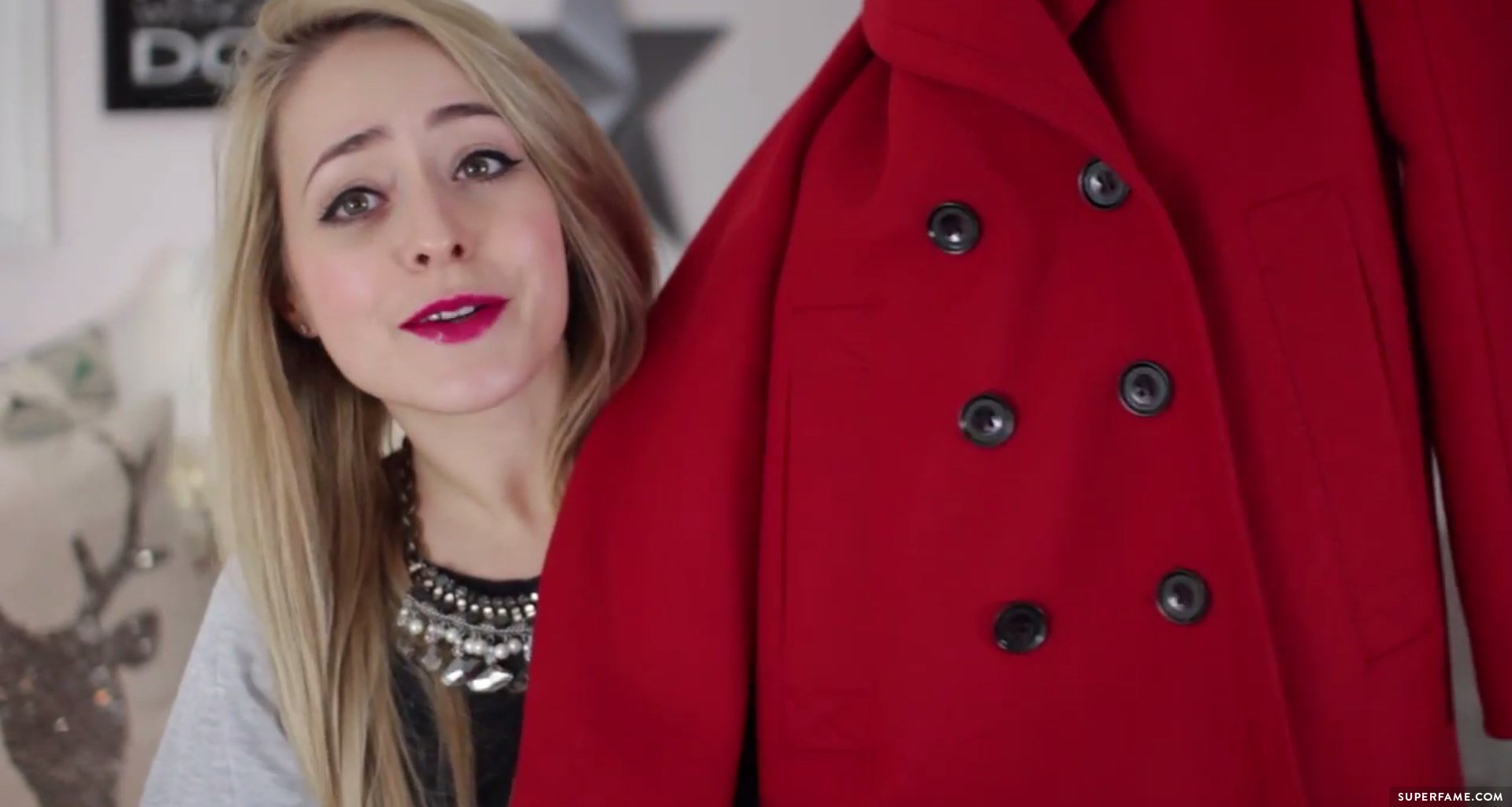 Fleur's red Burberry Brit coat.