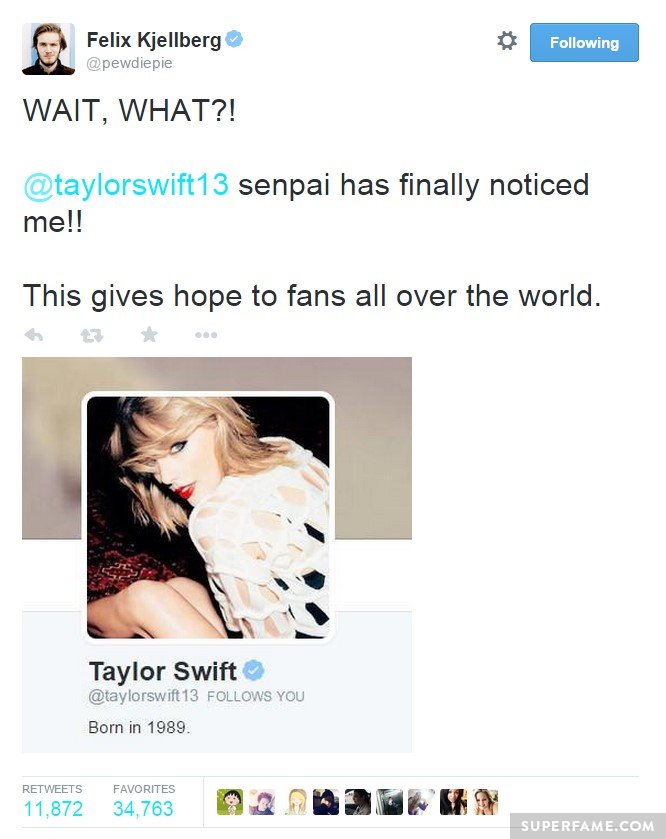 Taylor Swift follows Pewdiepie