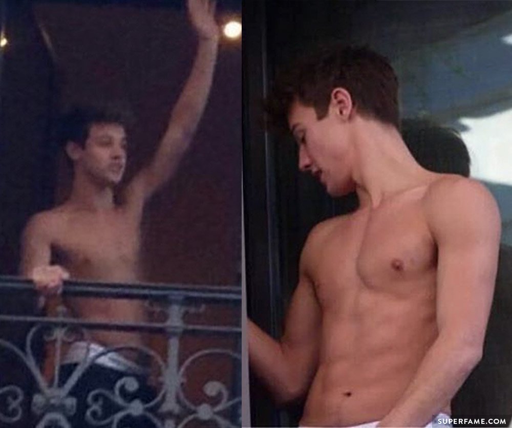 Cameron shirtless.