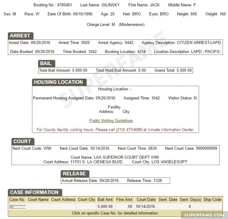 Details about Jack Gilinsky's arrest from the L.A. County Sheriff's Department.